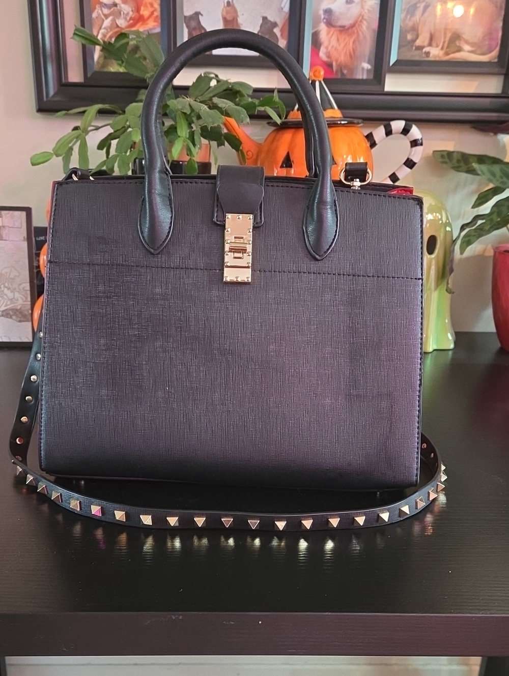 Classic Black Structured Satchel with Studded Crossbody Strap